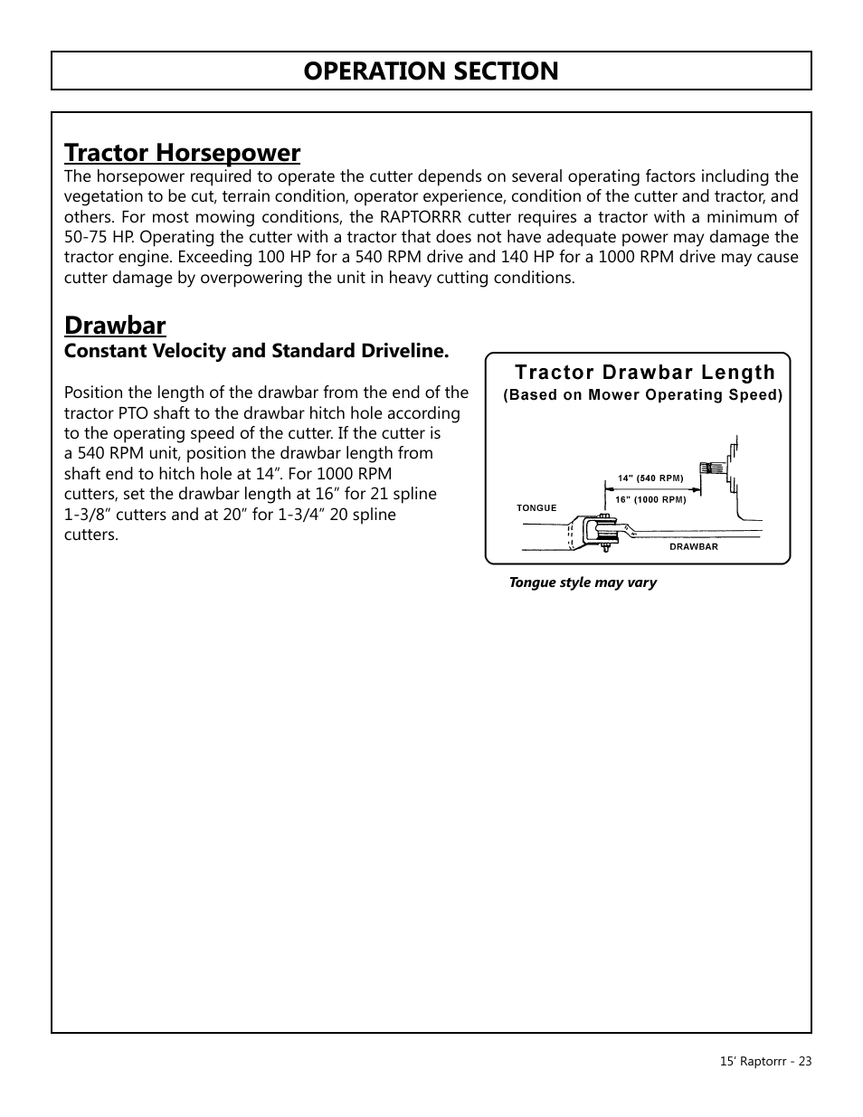 Drawbar, Operation, Opera t ion | Modern AG 15' Raptor User Manual | Page 23 / 99