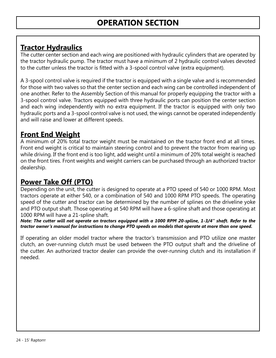 Tractor hydraulics, Front end weight, Power take off (pto) | Modern AG 15' Raptor User Manual | Page 24 / 99