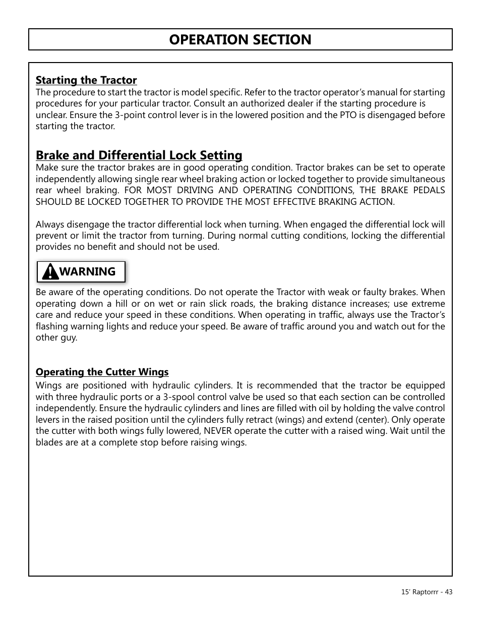 Brake and differential lock setting | Modern AG 15' Raptor User Manual | Page 43 / 99