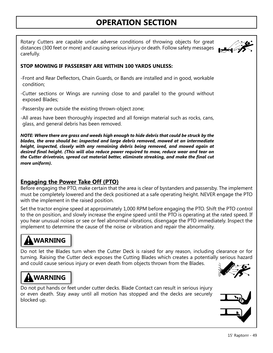 Operation, Opera t ion, Warning | Engaging the power take off (pto) | Modern AG 15' Raptor User Manual | Page 49 / 99