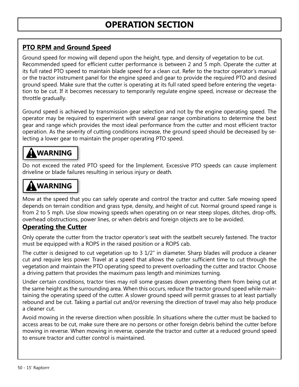 Warning | Modern AG 15' Raptor User Manual | Page 50 / 99