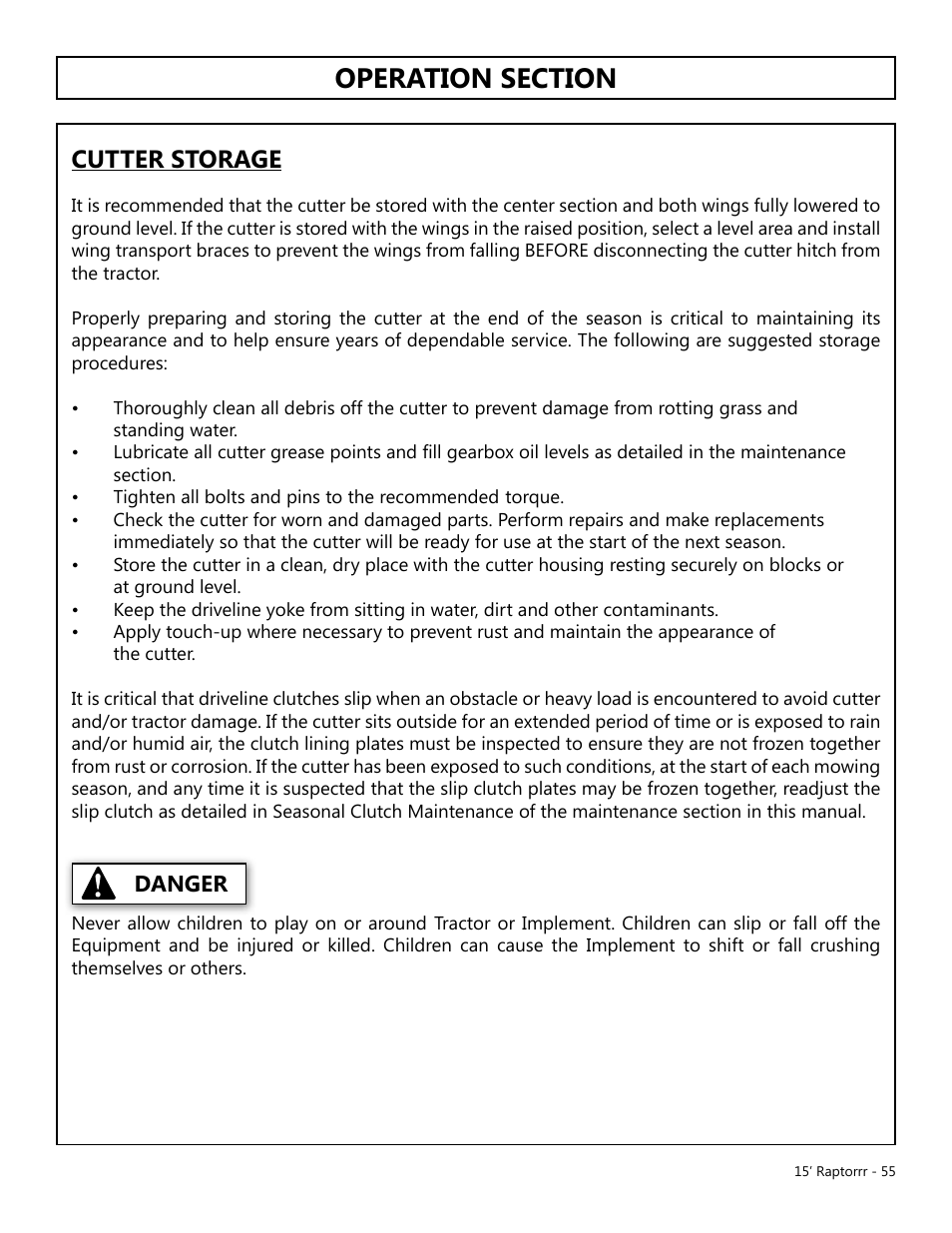 Cutter storage, Danger | Modern AG 15' Raptor User Manual | Page 55 / 99