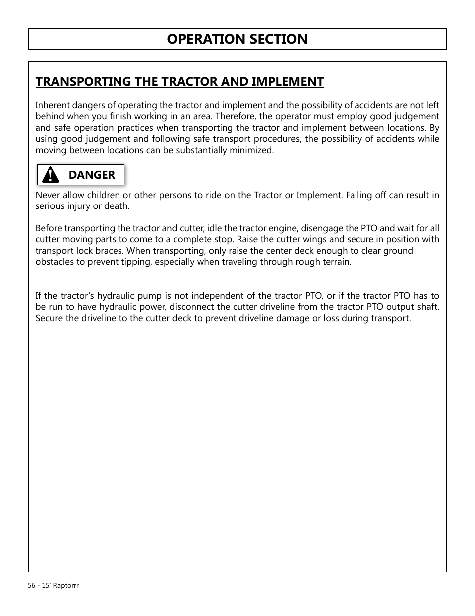 Transporting the tractor and implement | Modern AG 15' Raptor User Manual | Page 56 / 99