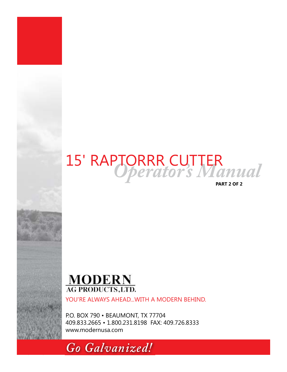 Operator’s manual, 15' raptorrr cutter, Go galvanized | Modern AG 15' Raptor User Manual | Page 64 / 99