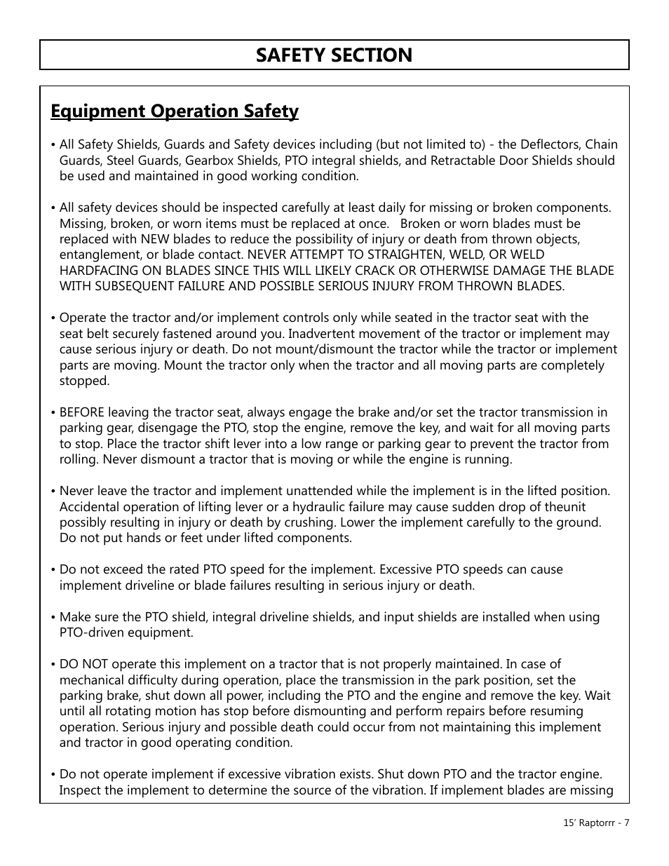 Equipment operation safety | Modern AG 15' Raptor User Manual | Page 7 / 99