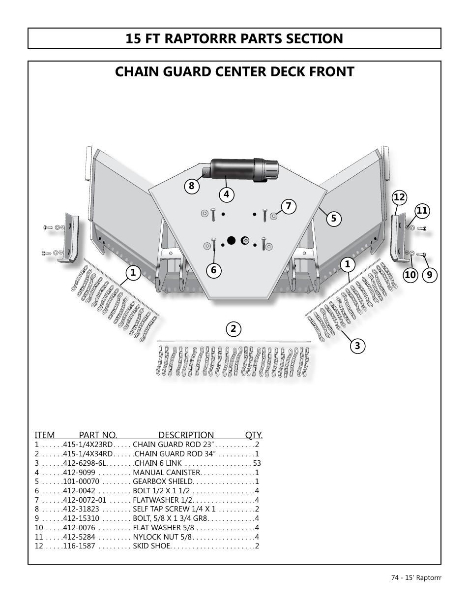 Chain guard center deck front | Modern AG 15' Raptor User Manual | Page 74 / 99