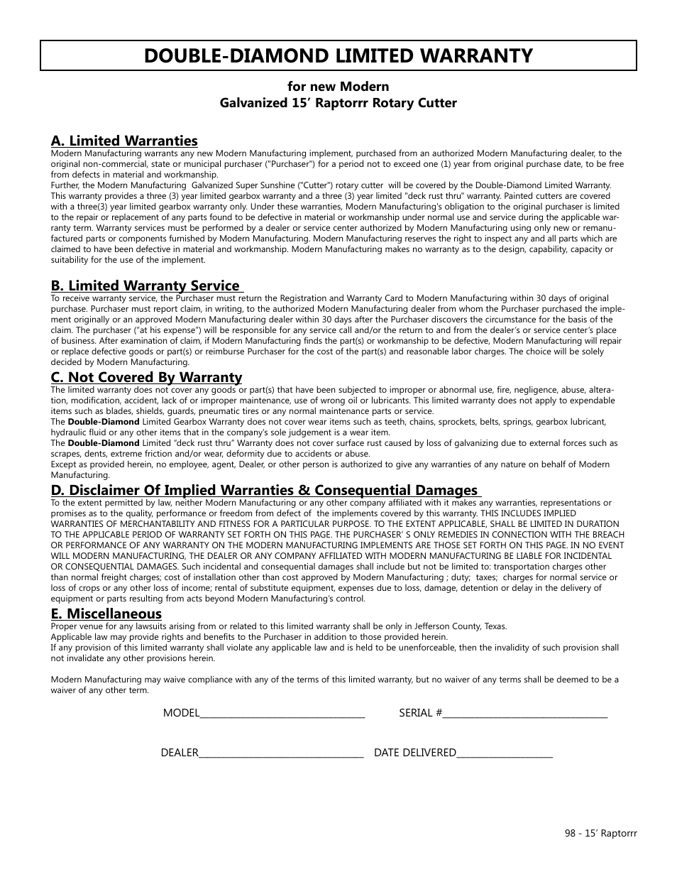 Double-diamond limited warranty, A. limited warranties, B. limited warranty service | C. not covered by warranty, E. miscellaneous | Modern AG 15' Raptor User Manual | Page 98 / 99