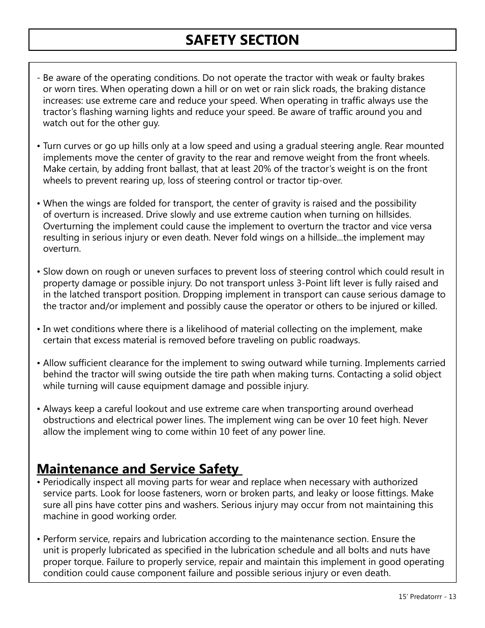 Maintenance and service safety | Modern AG 15' Predator - Omni User Manual | Page 13 / 99