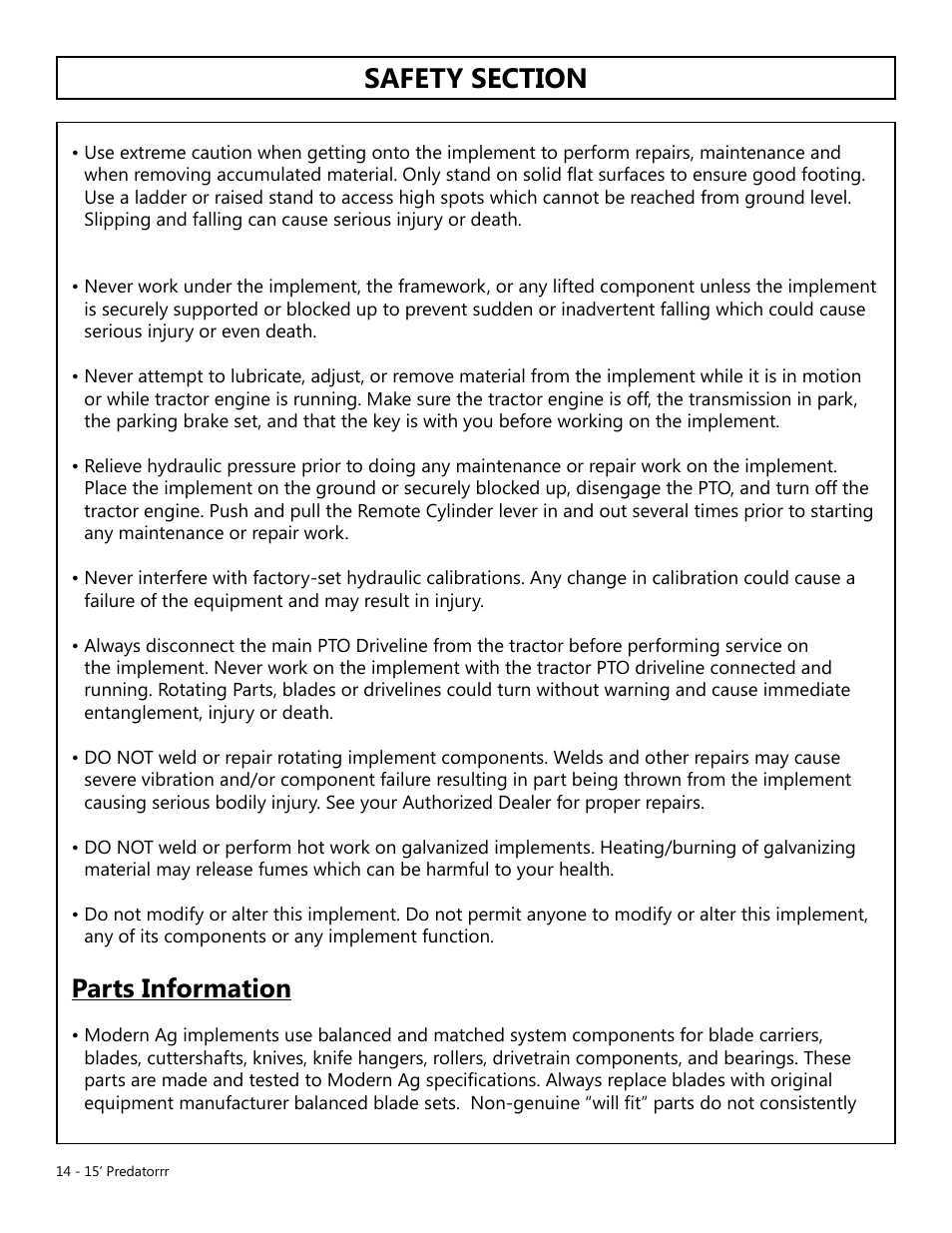 Parts information | Modern AG 15' Predator - Omni User Manual | Page 14 / 99