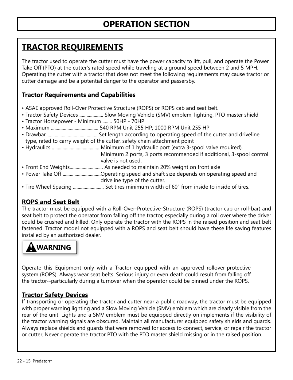 Tractor requirements, Warning | Modern AG 15' Predator - Omni User Manual | Page 22 / 99