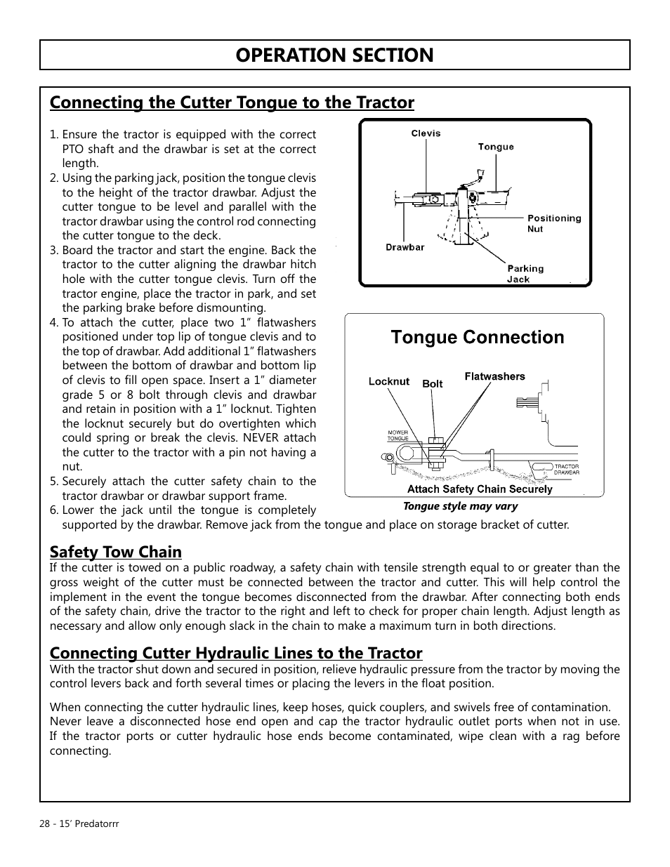 Operation, Opera tion, Connecting the cutter tongue to the tractor | Safety tow chain, Connecting cutter hydraulic lines to the tractor | Modern AG 15' Predator - Omni User Manual | Page 28 / 99