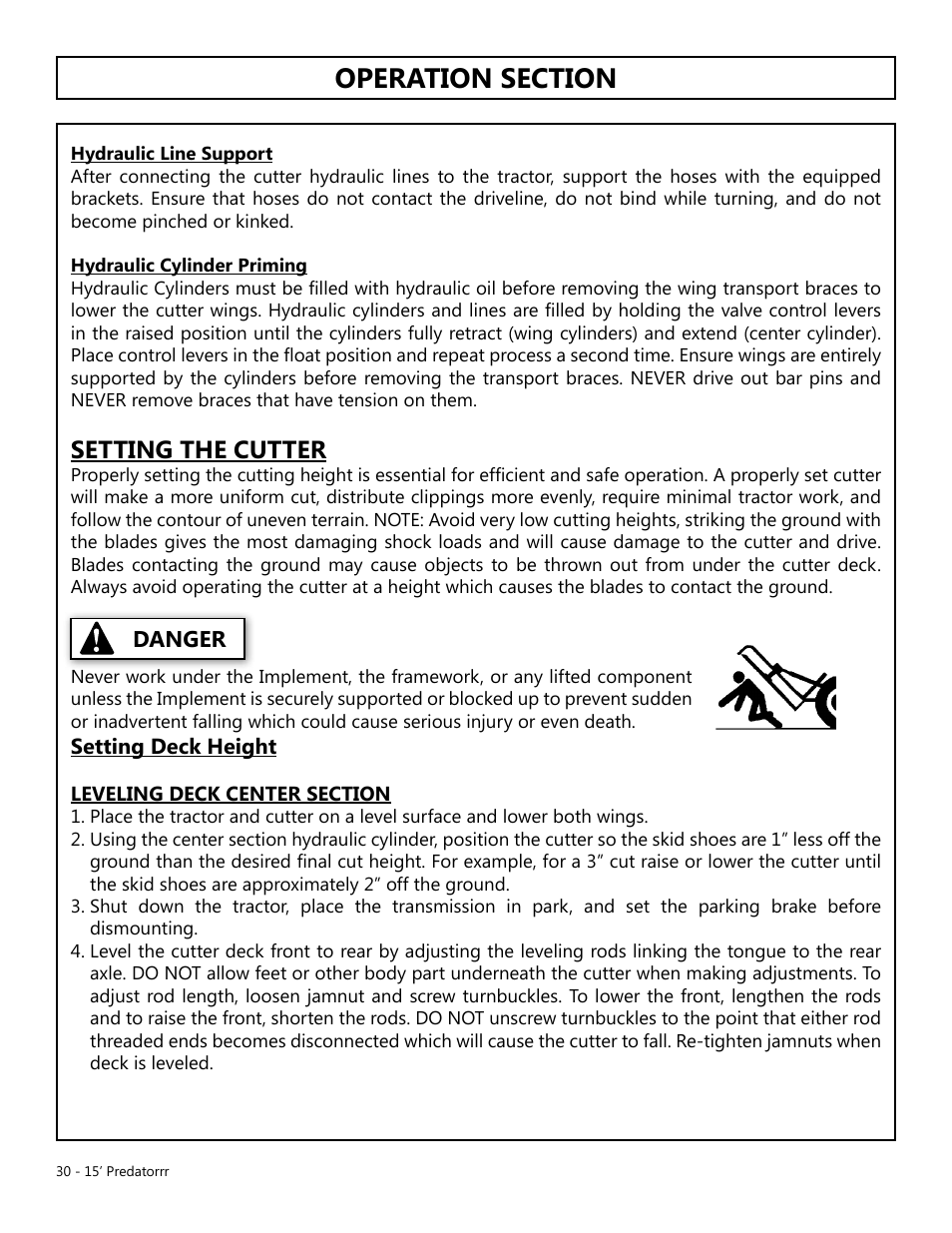 Operation, Opera tion, Setting the cutter | Danger, Setting deck height, Setting the mower | Modern AG 15' Predator - Omni User Manual | Page 30 / 99