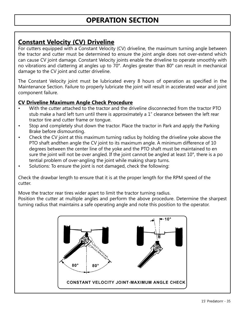 Operation, Opera tion, Constant velocity (cv) driveline | Modern AG 15' Predator - Omni User Manual | Page 35 / 99