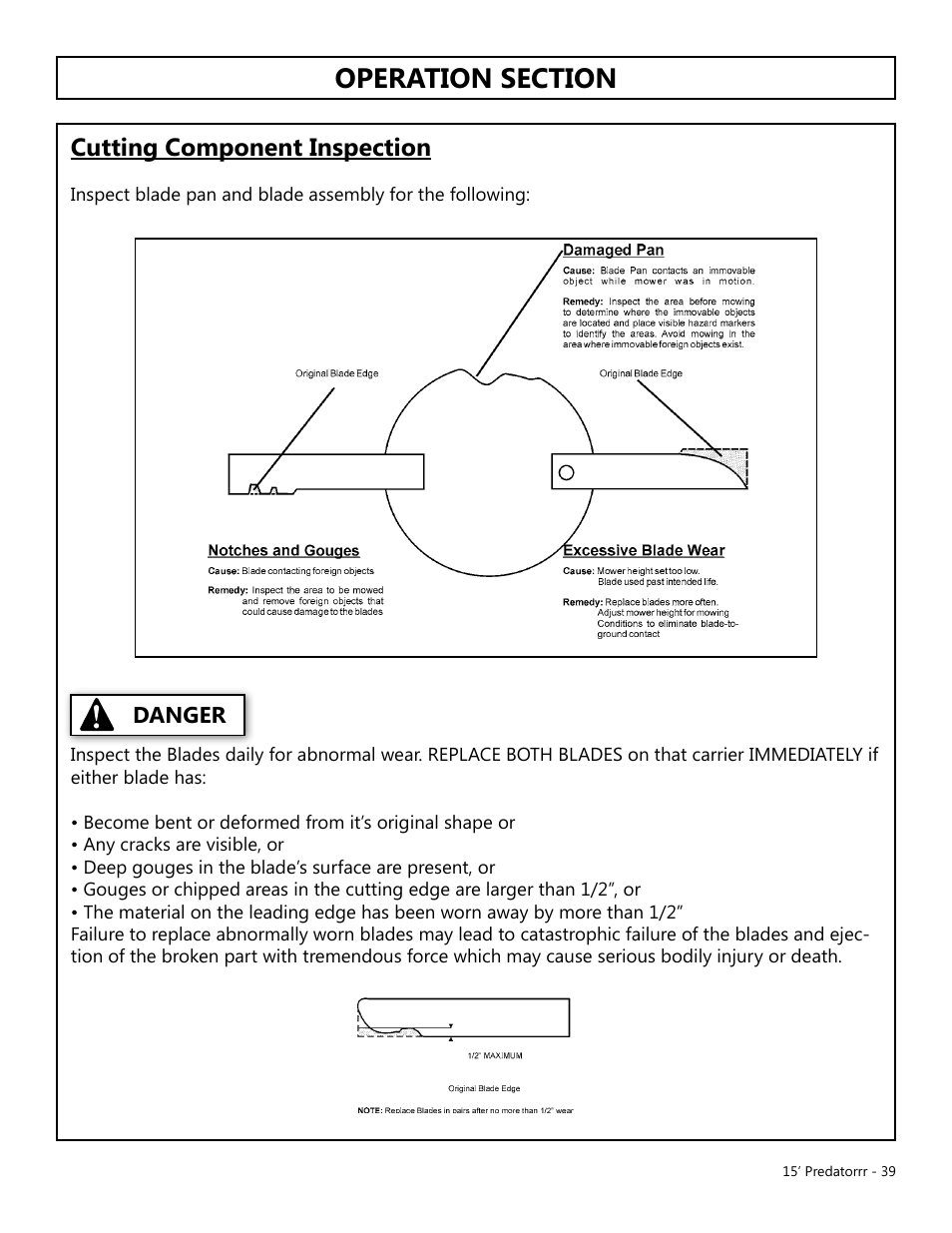 Cutting component inspection, Operation, Opera tion | Danger | Modern AG 15' Predator - Omni User Manual | Page 39 / 99