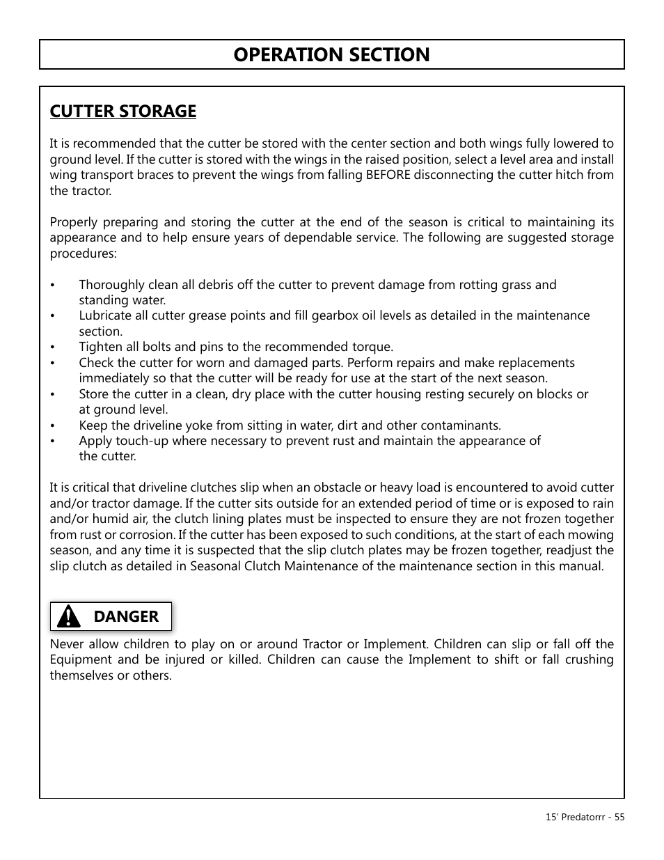 Cutter storage, Danger | Modern AG 15' Predator - Omni User Manual | Page 55 / 99