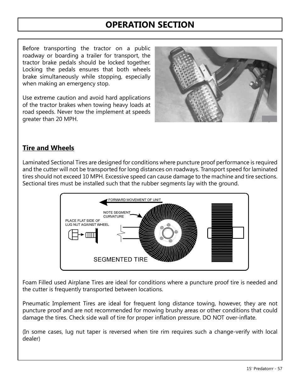 Operation, Opera tion, Tire and wheels | Modern AG 15' Predator - Omni User Manual | Page 57 / 99