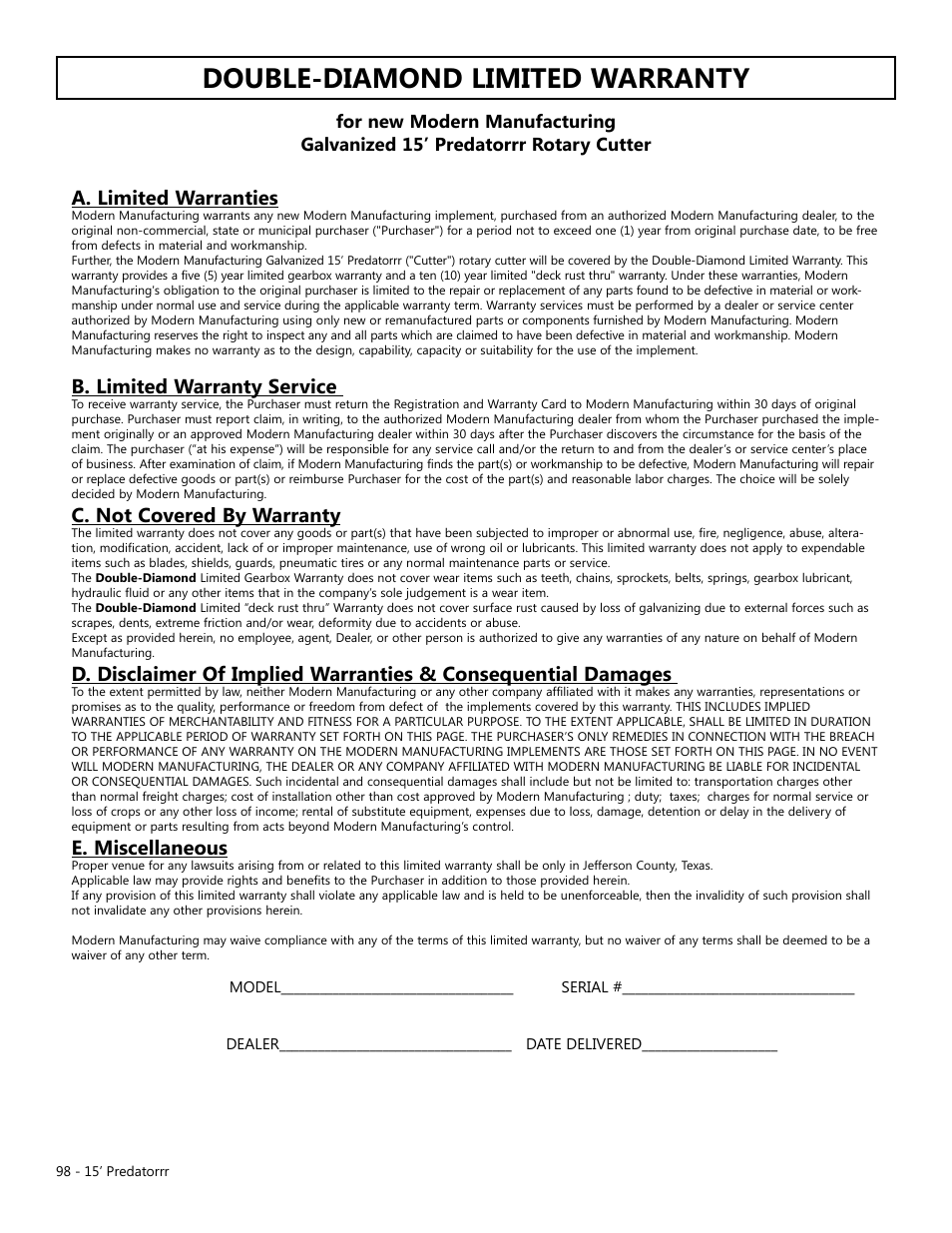 Double-diamond limited warranty, A. limited warranties, B. limited warranty service | C. not covered by warranty, E. miscellaneous | Modern AG 15' Predator - Omni User Manual | Page 98 / 99
