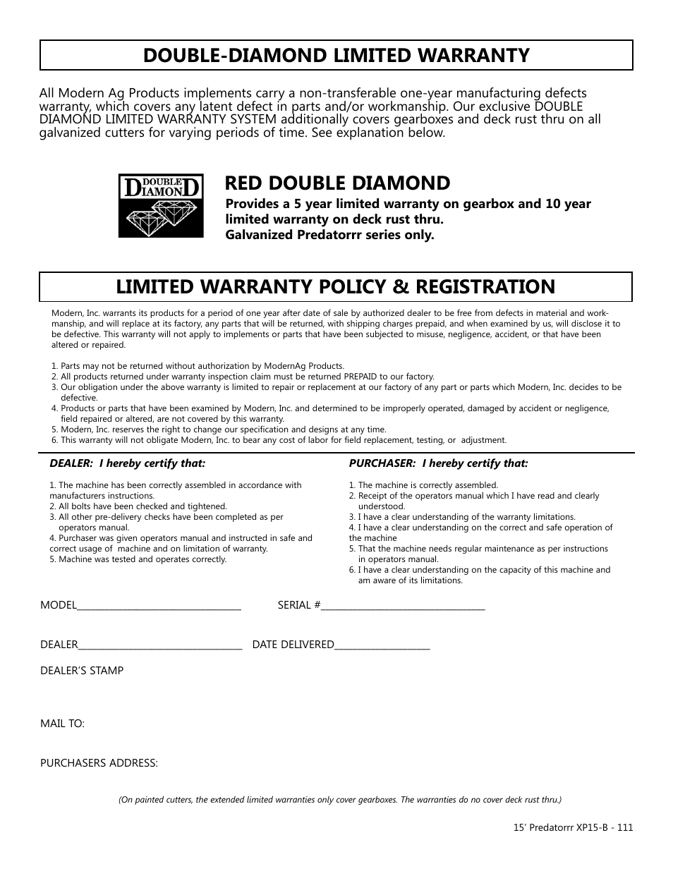 Red double diamond double-diamond limited warranty, Limited warranty policy & registration | Modern AG 15' Predator - Bondioli User Manual | Page 111 / 111