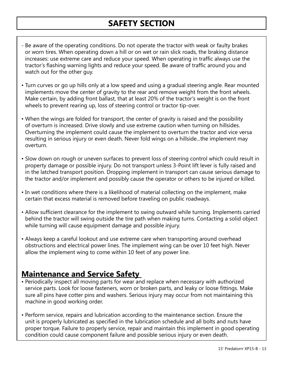 Maintenance and service safety | Modern AG 15' Predator - Bondioli User Manual | Page 13 / 111