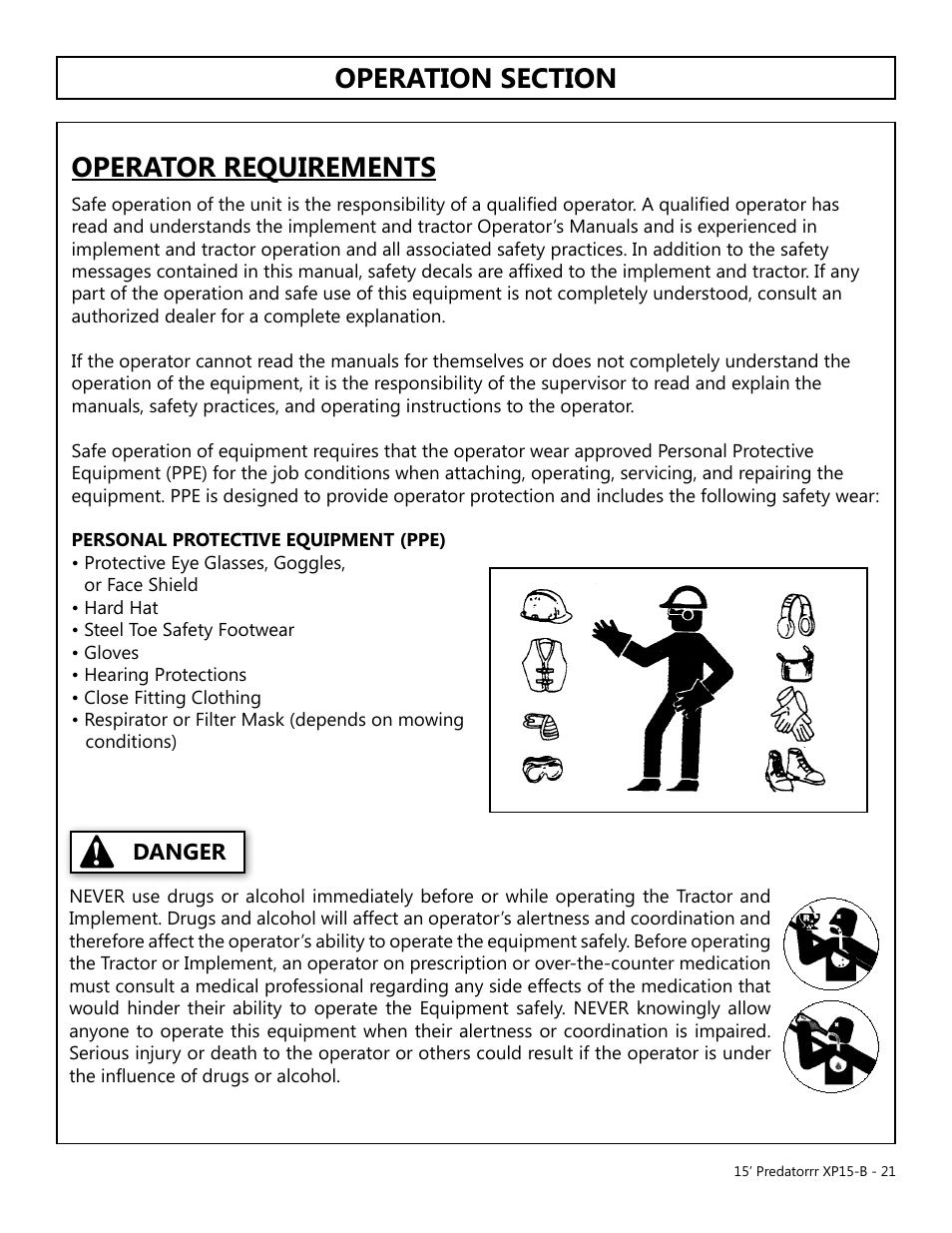 Operation, Opera tion, Danger | Operator requirements | Modern AG 15' Predator - Bondioli User Manual | Page 21 / 111