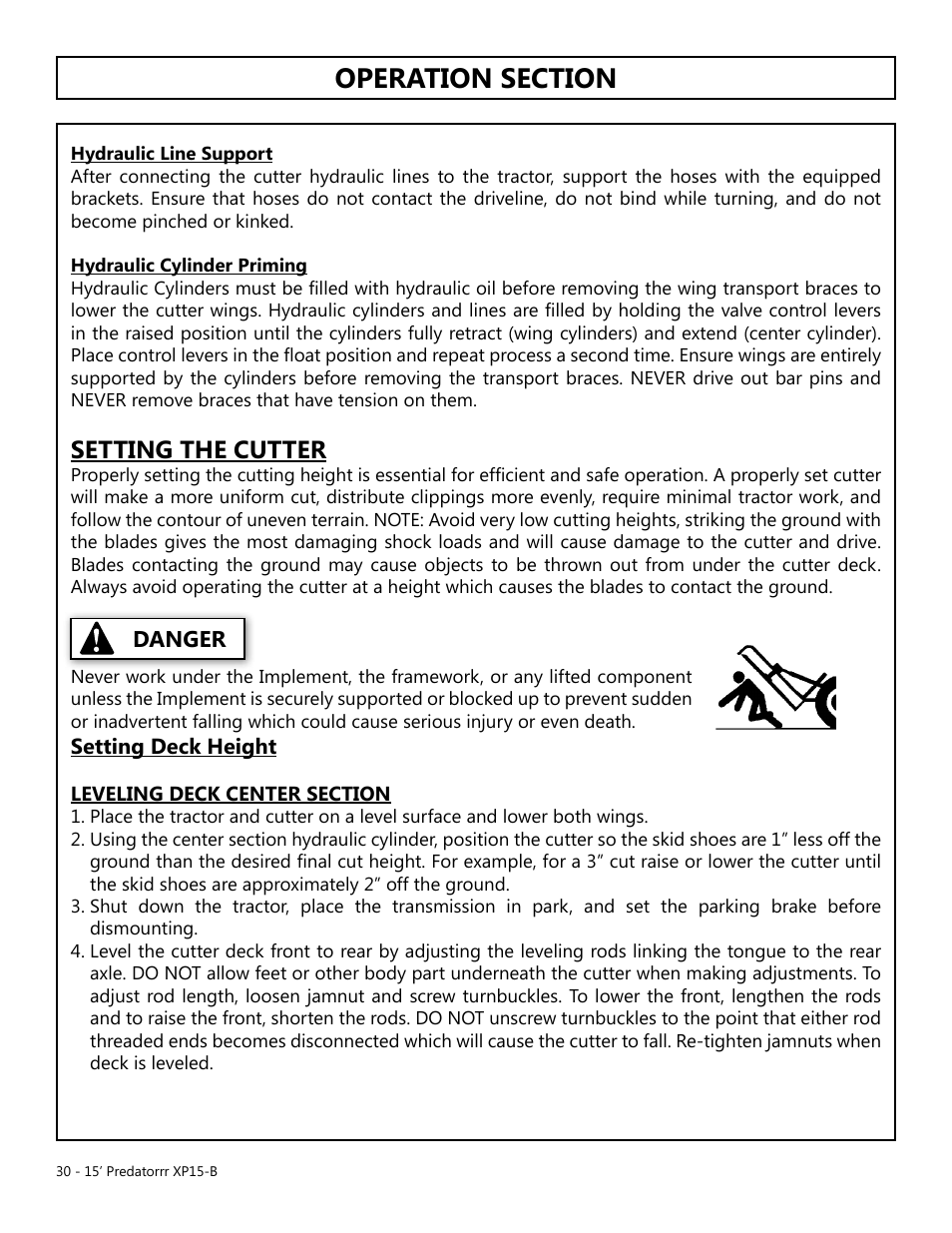 Operation, Opera tion, Setting the cutter | Danger, Setting deck height, Setting the mower | Modern AG 15' Predator - Bondioli User Manual | Page 30 / 111