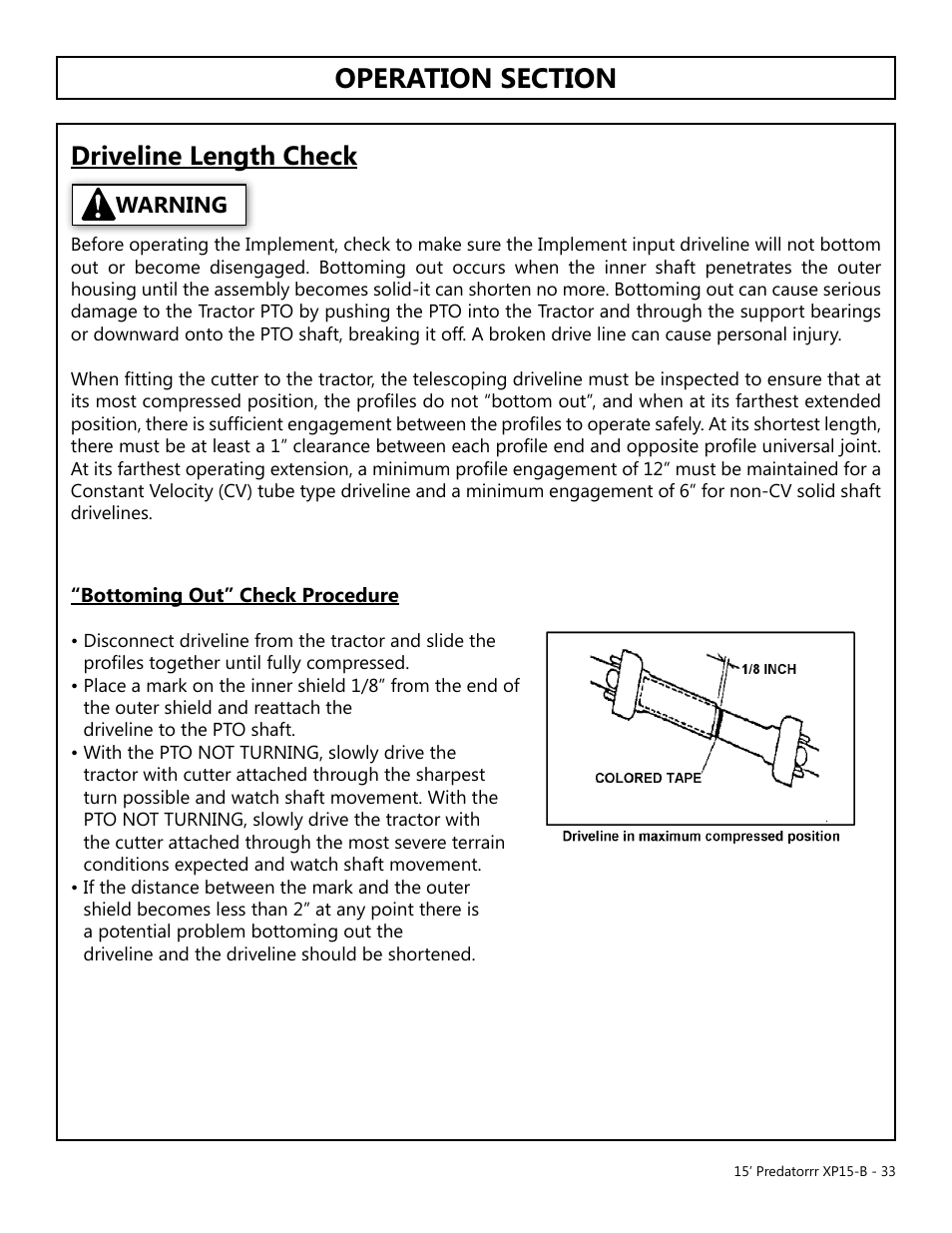 Operation, Opera tion, Driveline length check | Warning | Modern AG 15' Predator - Bondioli User Manual | Page 33 / 111