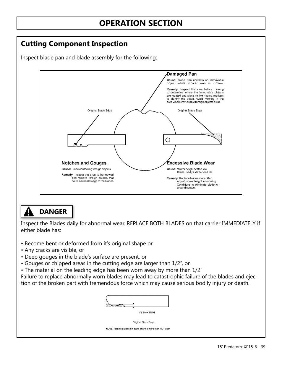 Cutting component inspection, Operation, Opera tion | Danger | Modern AG 15' Predator - Bondioli User Manual | Page 39 / 111