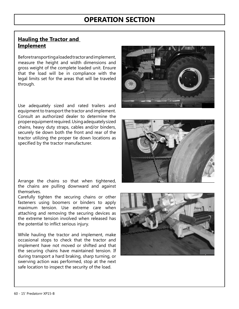 Operation, Opera tion, Hauling the tractor and implement | Modern AG 15' Predator - Bondioli User Manual | Page 60 / 111