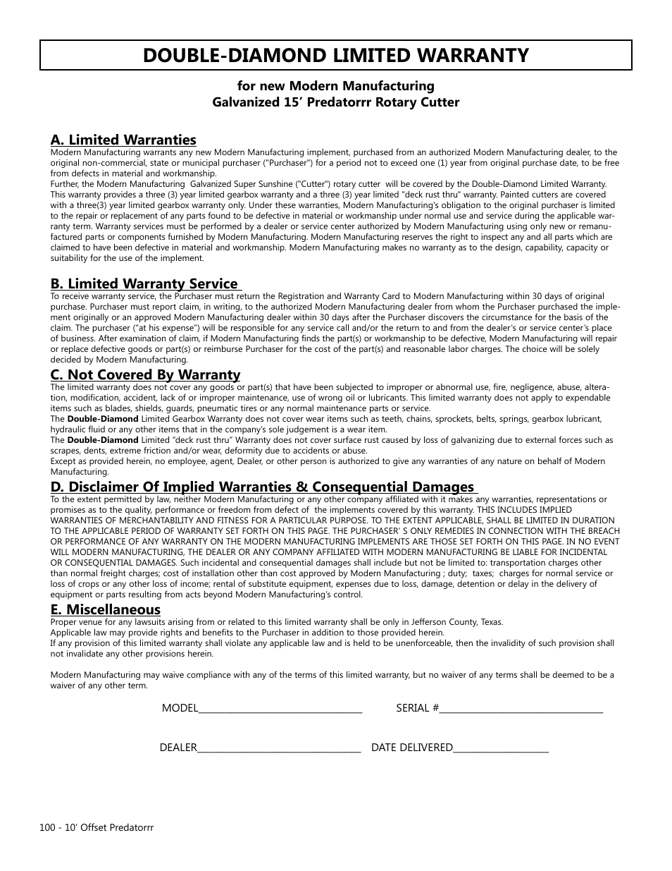 Double-diamond limited warranty, A. limited warranties, B. limited warranty service | C. not covered by warranty, E. miscellaneous | Modern AG 10' Offset Flex Predator User Manual | Page 100 / 101