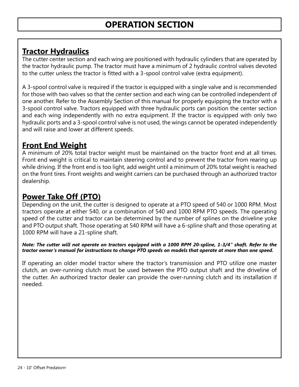 Tractor hydraulics, Front end weight, Power take off (pto) | Modern AG 10' Offset Flex Predator User Manual | Page 24 / 101