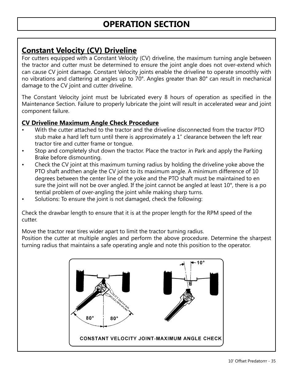Operation, Opera tion, Constant velocity (cv) driveline | Modern AG 10' Offset Flex Predator User Manual | Page 35 / 101