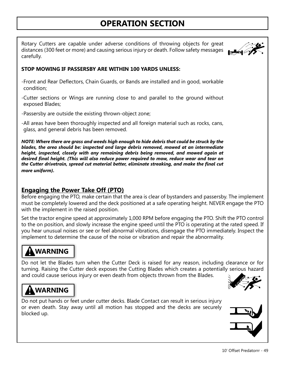 Operation, Opera tion, Warning | Engaging the power take off (pto) | Modern AG 10' Offset Flex Predator User Manual | Page 49 / 101