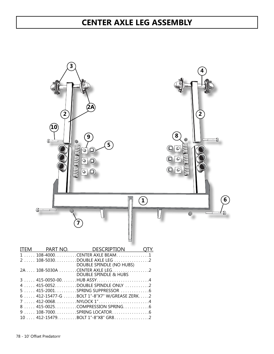 Center axle leg assembly | Modern AG 10' Offset Flex Predator User Manual | Page 78 / 101