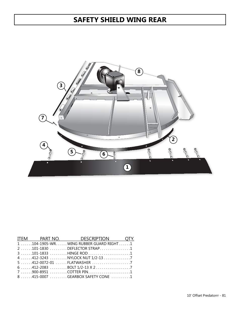Safety shield wing rear | Modern AG 10' Offset Flex Predator User Manual | Page 81 / 101