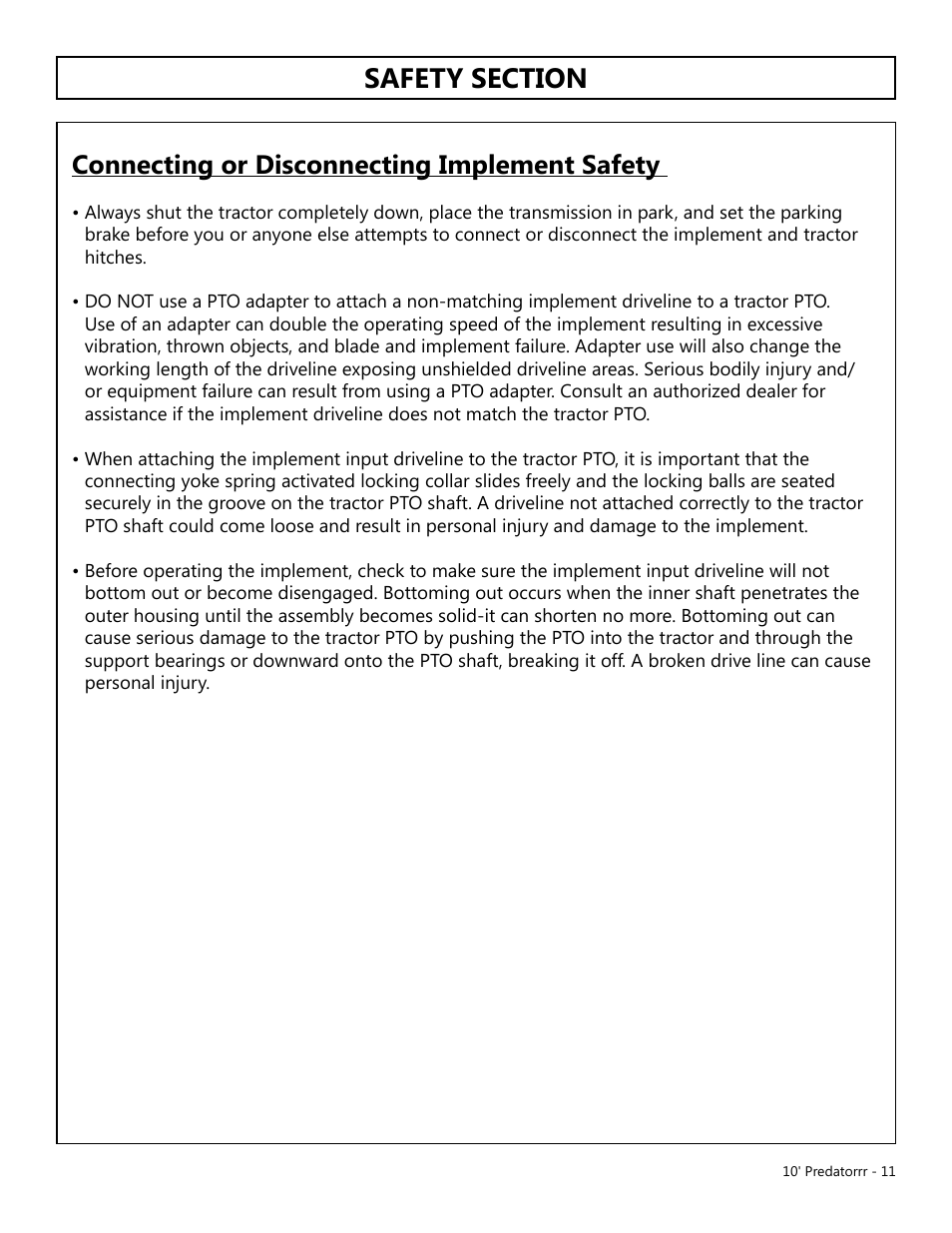 Connecting or disconnecting implement safety | Modern AG 10' Predator User Manual | Page 11 / 76