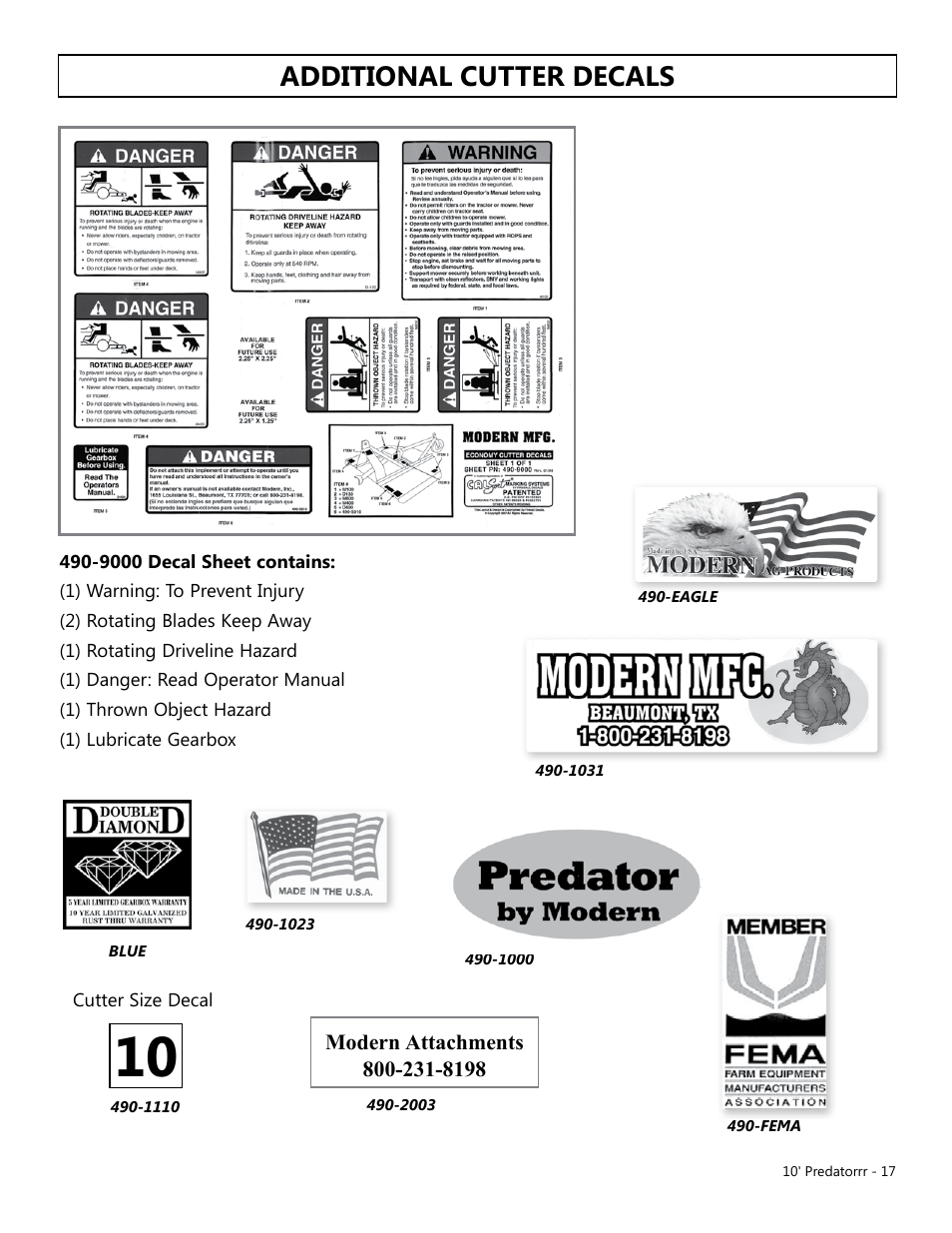 Additional cutter decals | Modern AG 10' Predator User Manual | Page 17 / 76