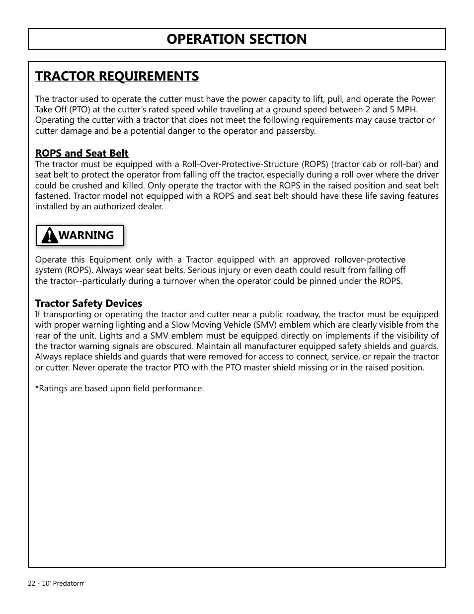 Tractor requirements, Warning | Modern AG 10' Predator User Manual | Page 22 / 76