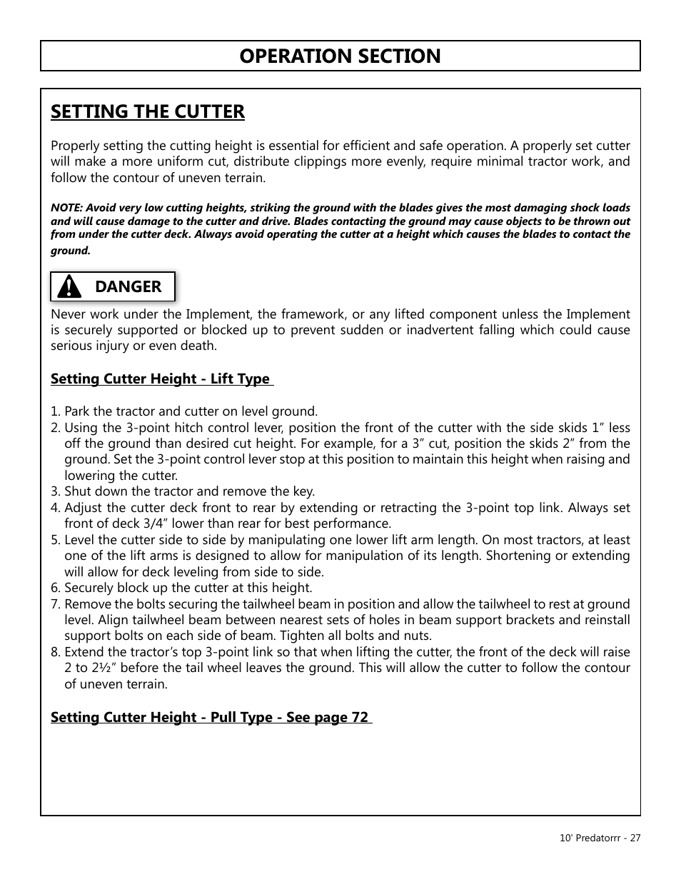 Setting the cutter, Danger | Modern AG 10' Predator User Manual | Page 27 / 76