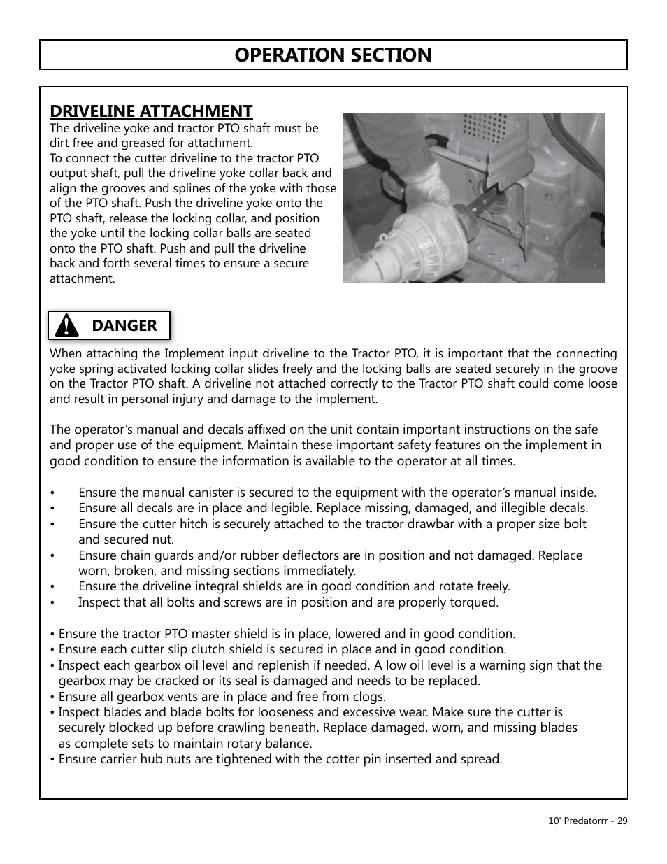 Driveline attachment, Danger | Modern AG 10' Predator User Manual | Page 29 / 76