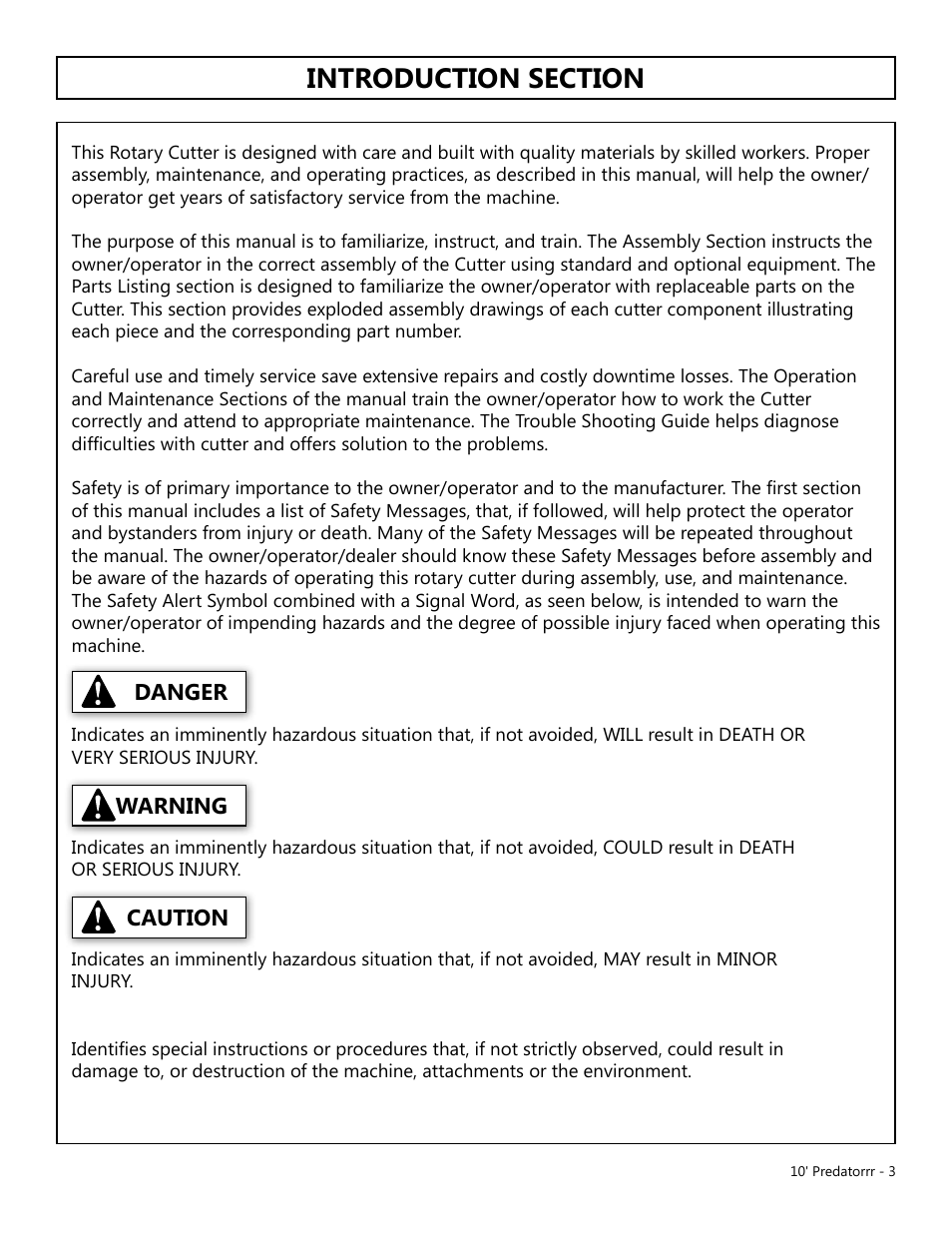 Caution warning danger | Modern AG 10' Predator User Manual | Page 3 / 76