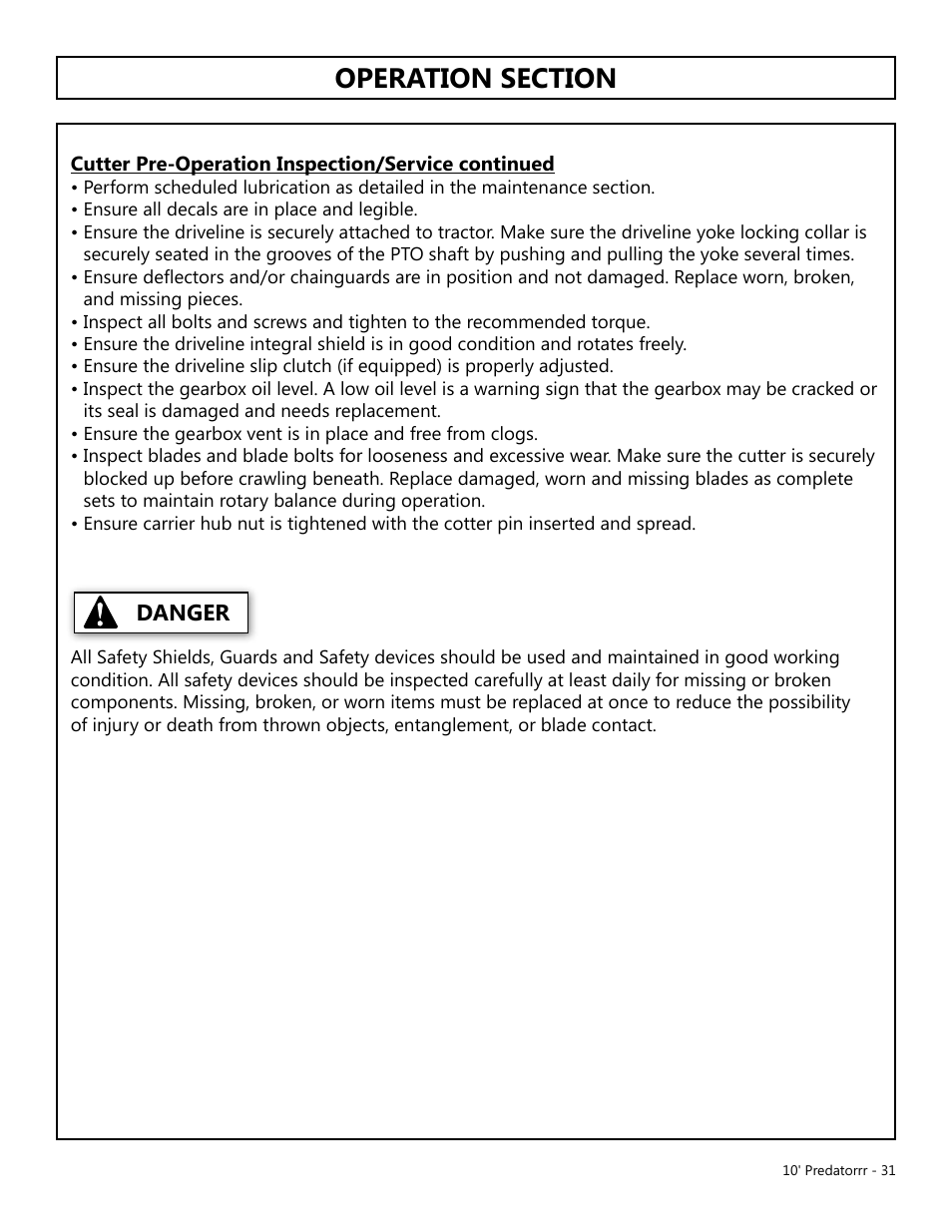 Danger | Modern AG 10' Predator User Manual | Page 31 / 76