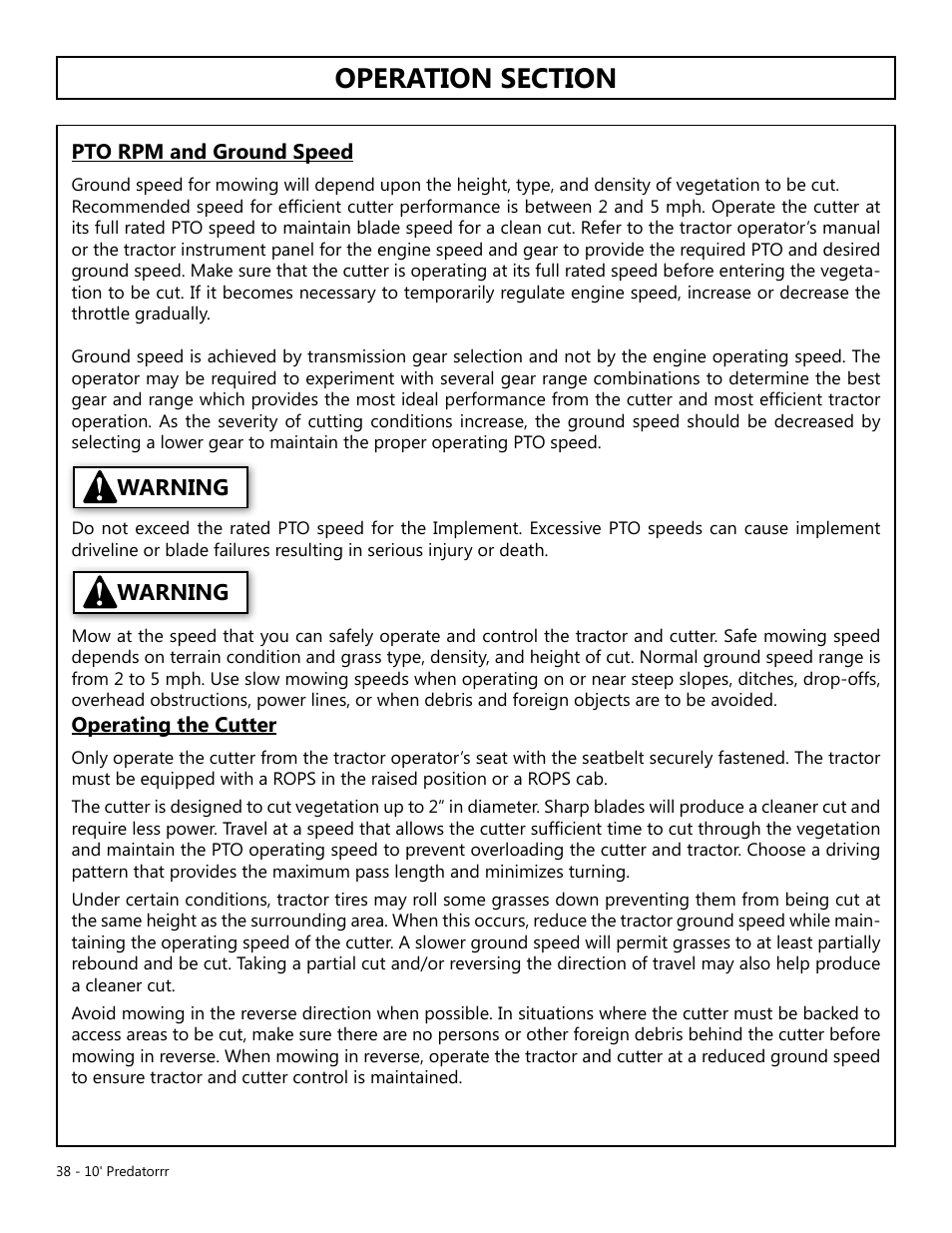 Warning | Modern AG 10' Predator User Manual | Page 38 / 76