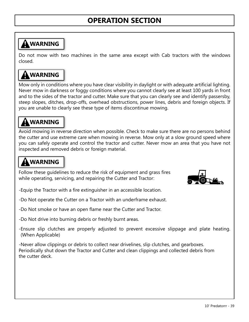 Operation, Opera tion | Modern AG 10' Predator User Manual | Page 39 / 76