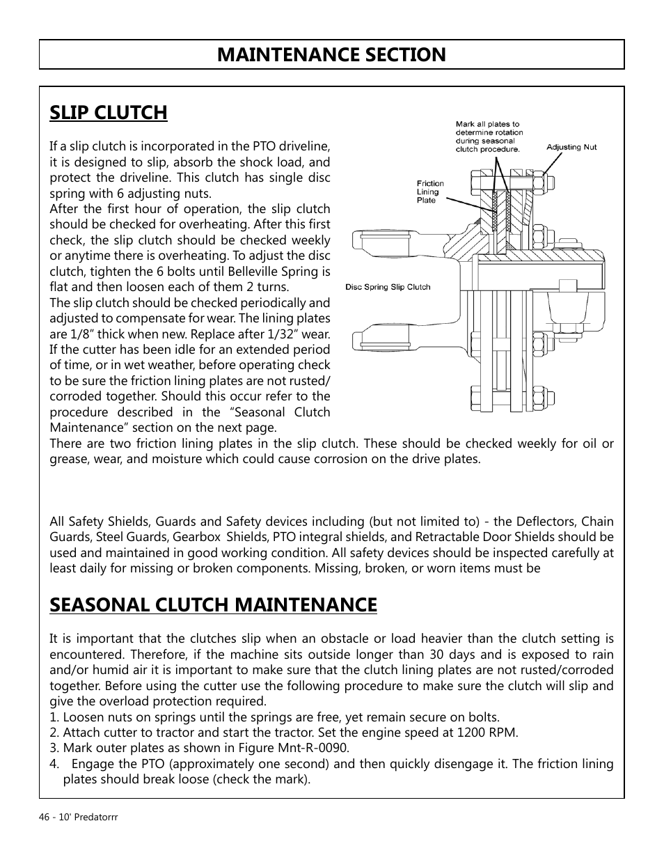 Seasonal clutch maintenance | Modern AG 10' Predator User Manual | Page 46 / 76