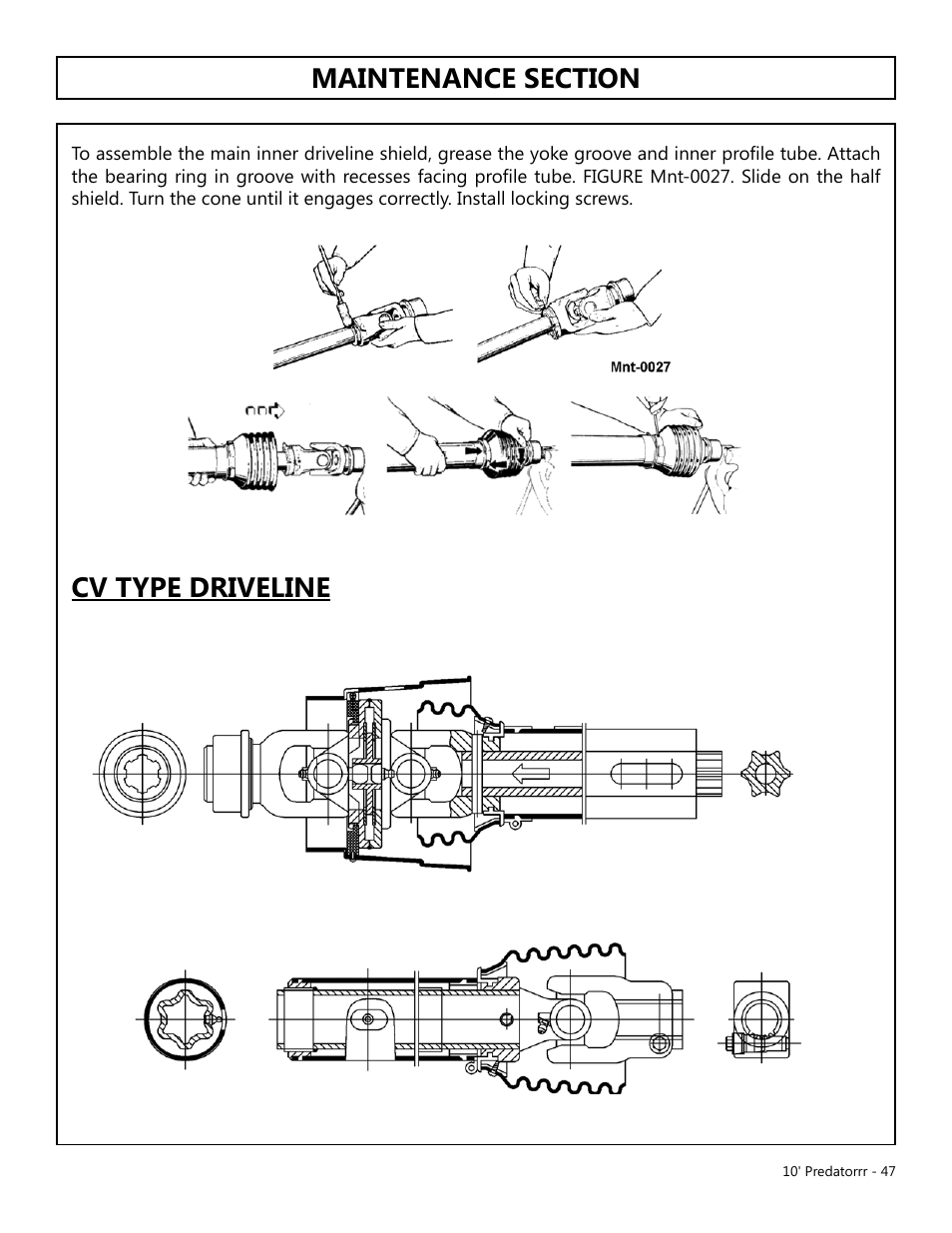 Cv type driveline | Modern AG 10' Predator User Manual | Page 47 / 76