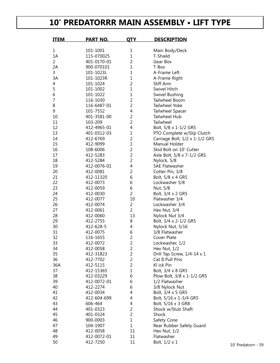 10' predatorrr main assembly • lift type | Modern AG 10' Predator User Manual | Page 59 / 76