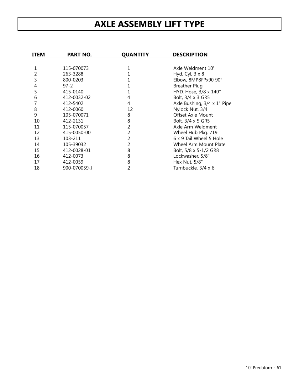 Axle assembly lift type | Modern AG 10' Predator User Manual | Page 61 / 76