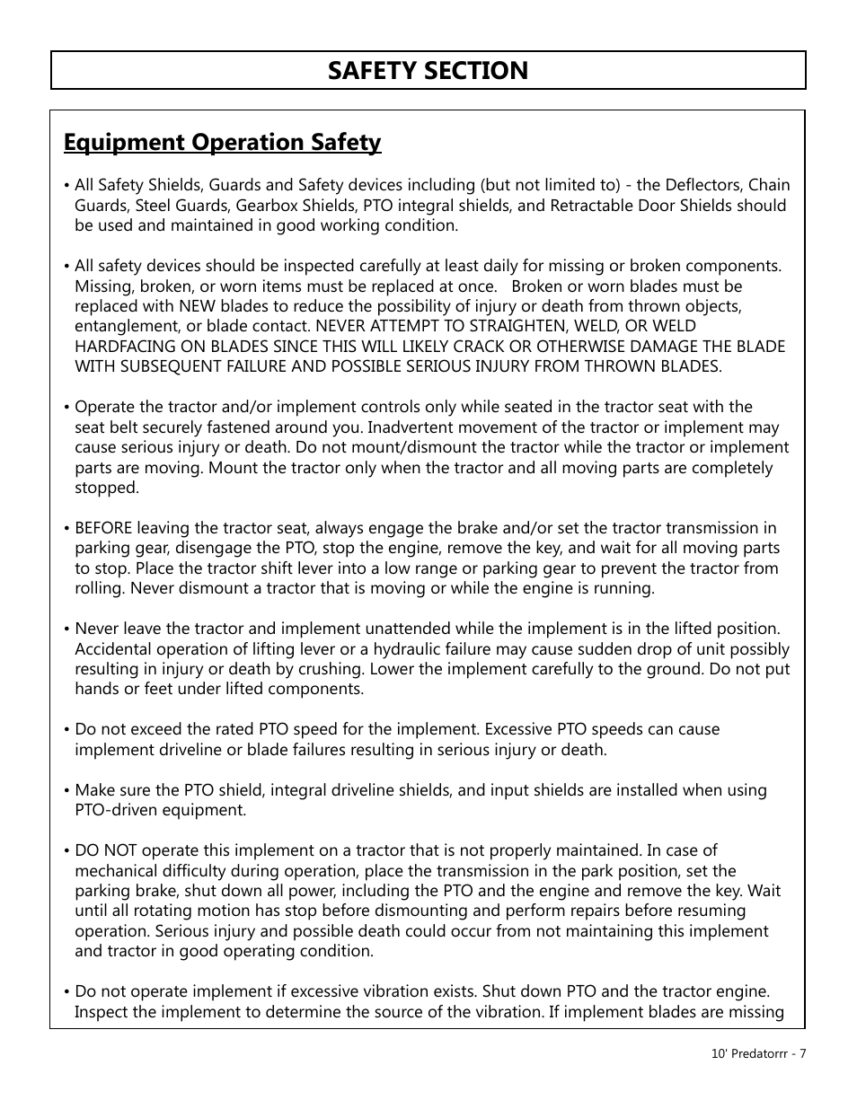 Equipment operation safety | Modern AG 10' Predator User Manual | Page 7 / 76