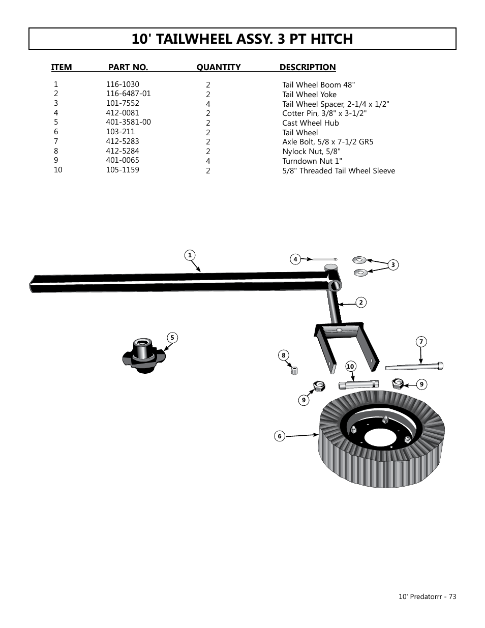 10' tailwheel assy. 3 pt hitch | Modern AG 10' Predator User Manual | Page 73 / 76