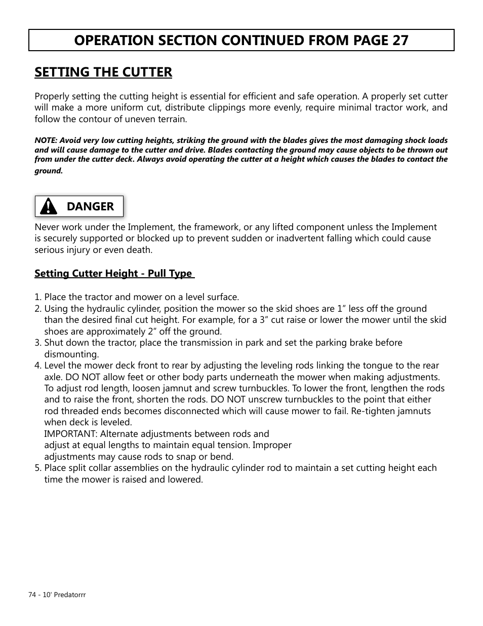 Setting the cutter, Danger | Modern AG 10' Predator User Manual | Page 74 / 76